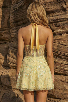 Yellow Corset Halter Floral Short A Line Prom Dress with Embroidery