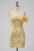 Load image into Gallery viewer, Bodycon Yellow Corset Floral Short Prom Dress with Embroidery