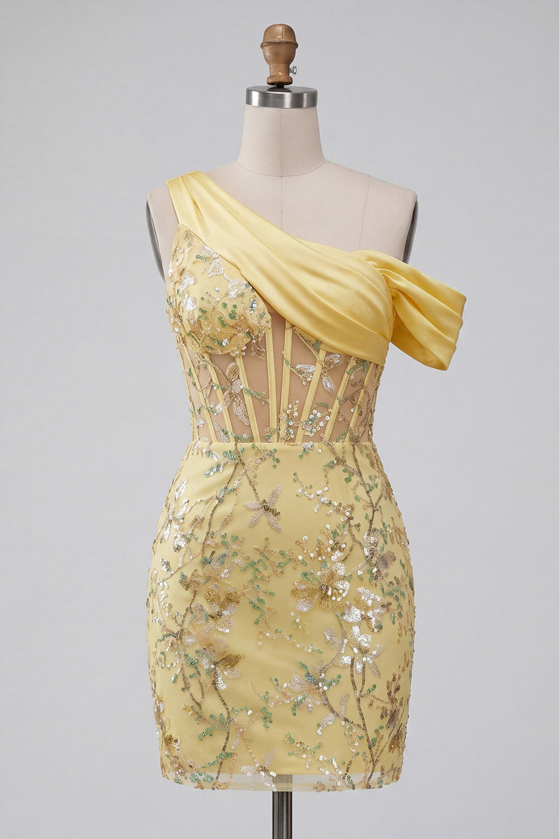 Load image into Gallery viewer, Bodycon Yellow Corset Floral Short Prom Dress with Embroidery