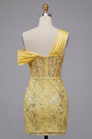 Load image into Gallery viewer, Bodycon Yellow Corset Floral Short Prom Dress with Embroidery