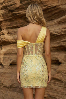 Bodycon Yellow Corset Floral Short Prom Dress with Embroidery