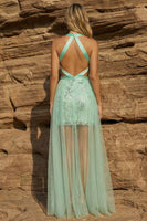 Load image into Gallery viewer, Green Floral Halter Bodycon Short Backless Prom Dress with Cape