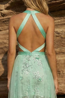 Load image into Gallery viewer, Green Floral Halter Bodycon Short Backless Prom Dress with Cape