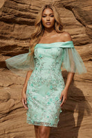 Load image into Gallery viewer, Off the Shoulder Green Floral Bodycon Corset Short Prom Dress with Embroidery