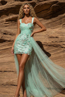 Load image into Gallery viewer, Bodycon Green Floral Square Neck Pleated Short Prom Dress with Cape