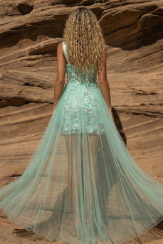 Bodycon Green Floral Square Neck Pleated Short Prom Dress with Cape