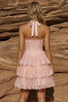 Lace Pink Corset Floral Tiered Short Prom Dress with Bows