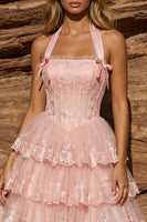 Load image into Gallery viewer, Lace Pink Corset Floral Tiered Short Prom Dress with Bows