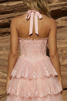 Load image into Gallery viewer, Lace Pink Corset Floral Tiered Short Prom Dress with Bows