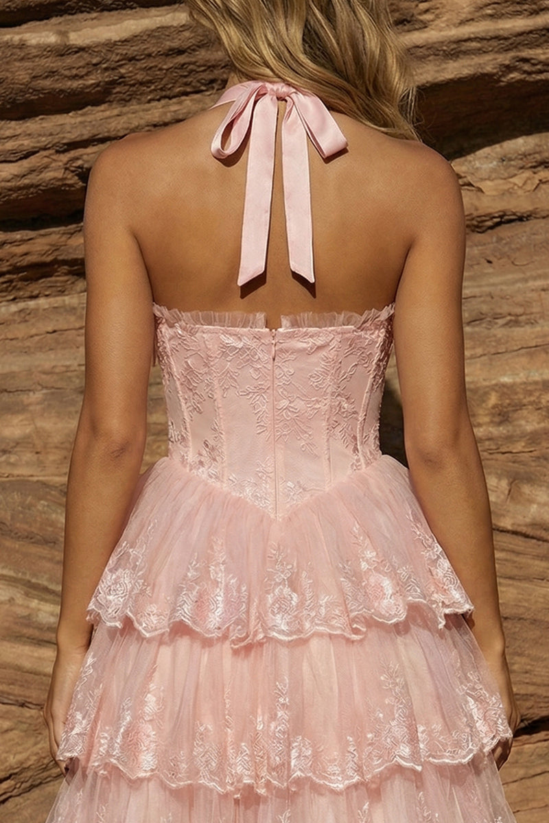 Load image into Gallery viewer, Lace Pink Corset Floral Tiered Short Prom Dress with Bows