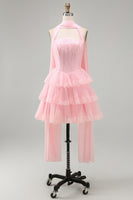 Load image into Gallery viewer, Pink Corset Halter Neck Scarf Short Lace Prom Dress with Ruffles
