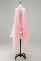 Load image into Gallery viewer, Pink Corset Halter Neck Scarf Short Lace Prom Dress with Ruffles