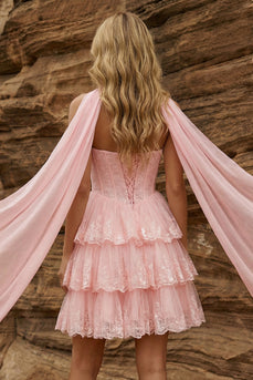 Pink Corset Halter Neck Scarf Short Lace Prom Dress with Ruffles