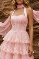 Load image into Gallery viewer, Pink Corset Halter Neck Scarf Short Lace Prom Dress with Ruffles