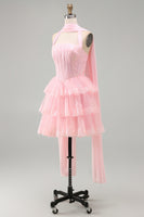 Load image into Gallery viewer, Pink Corset Halter Neck Scarf Short Lace Prom Dress with Ruffles