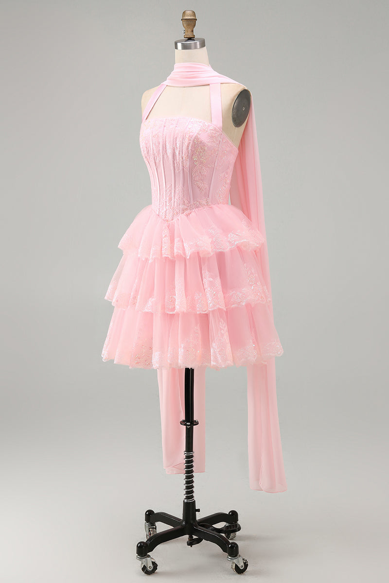 Load image into Gallery viewer, Pink Corset Halter Neck Scarf Short Lace Prom Dress with Ruffles
