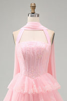 Load image into Gallery viewer, Pink Corset Halter Neck Scarf Short Lace Prom Dress with Ruffles