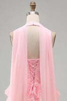 Load image into Gallery viewer, Pink Corset Halter Neck Scarf Short Lace Prom Dress with Ruffles