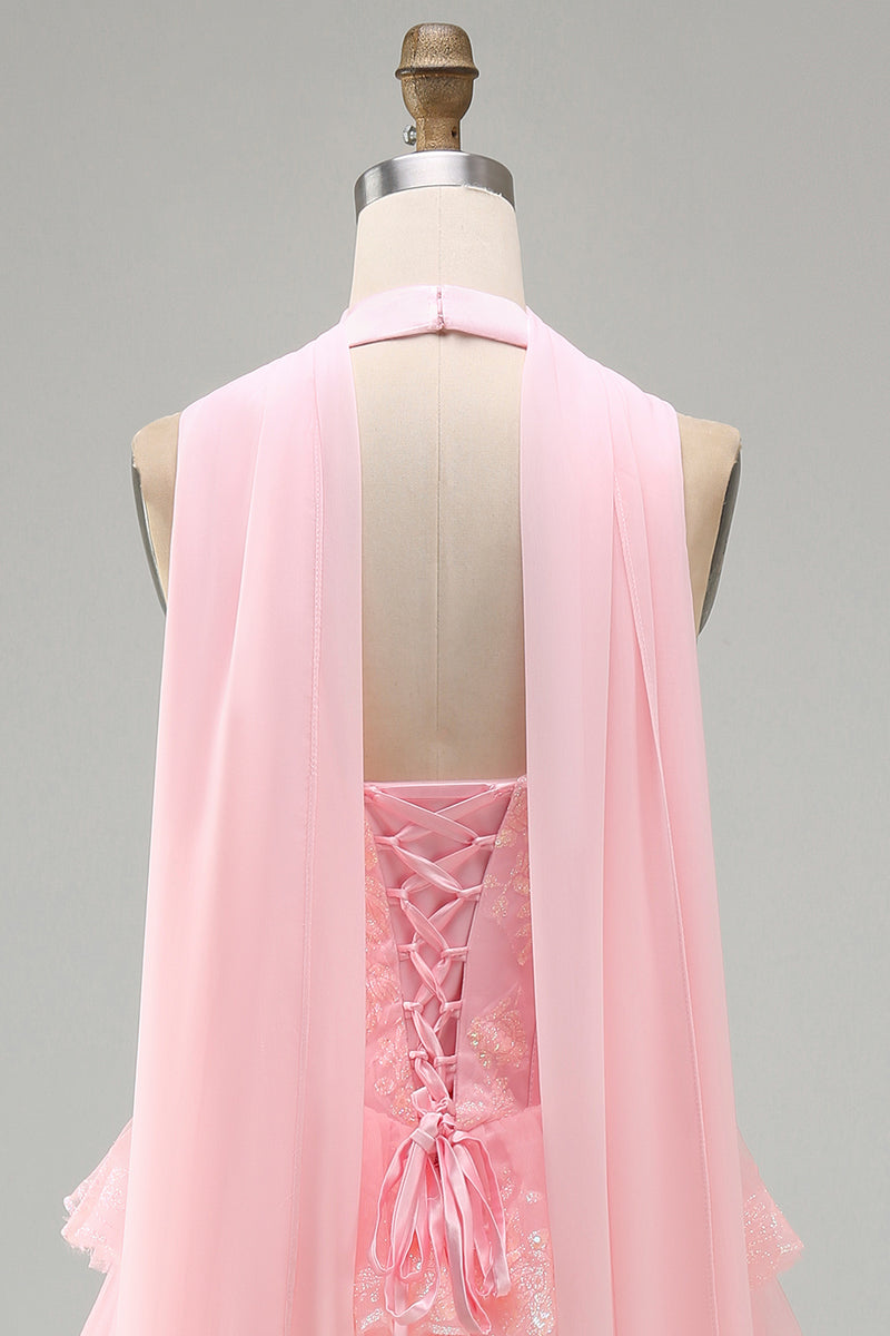 Load image into Gallery viewer, Pink Corset Halter Neck Scarf Short Lace Prom Dress with Ruffles