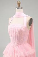 Load image into Gallery viewer, Pink Corset Halter Neck Scarf Short Lace Prom Dress with Ruffles