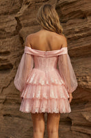 Load image into Gallery viewer, Off the Shoulder Pink Corset Ruffled Short Prom Dress with Sleeves