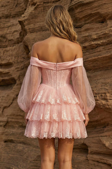 Off the Shoulder Pink Corset Ruffled Short Prom Dress with Sleeves