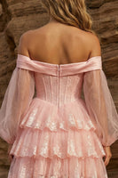 Load image into Gallery viewer, Off the Shoulder Pink Corset Ruffled Short Prom Dress with Sleeves