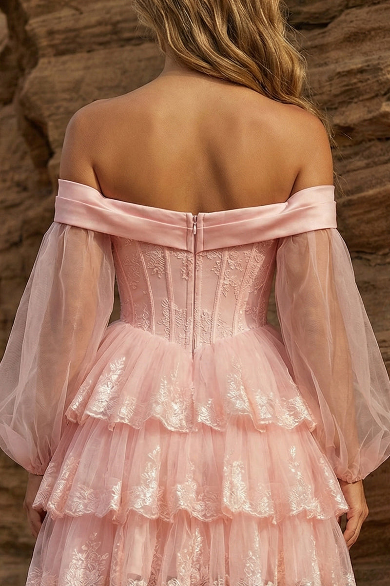 Load image into Gallery viewer, Off the Shoulder Pink Corset Ruffled Short Prom Dress with Sleeves
