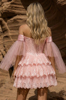 Load image into Gallery viewer, Ruffled Pink Lace Tiered Corset Floral A Line Short Prom Dress