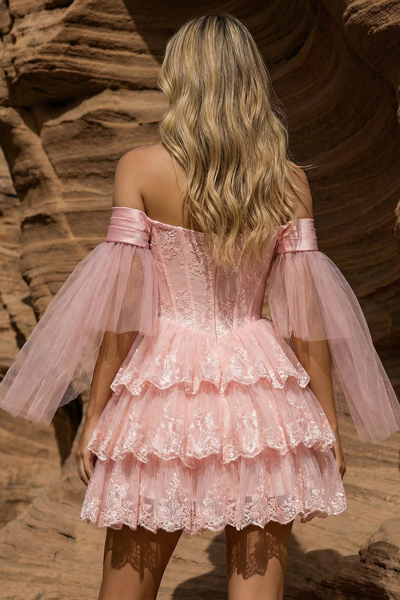 Load image into Gallery viewer, Ruffled Pink Lace Tiered Corset Floral A Line Short Prom Dress