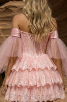 Load image into Gallery viewer, Ruffled Pink Lace Tiered Corset Floral A Line Short Prom Dress