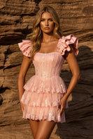 Load image into Gallery viewer, Pink Lace Ruffled Sleeves Floral Corset Short Prom Dress