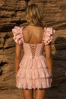 Pink Lace Ruffled Sleeves Floral Corset Short Prom Dress