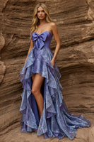 Load image into Gallery viewer, Sweetheart Dusty Blue Ruffled High Low Prom Dress with Bow
