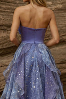 Load image into Gallery viewer, Sweetheart Dusty Blue Ruffled High Low Prom Dress with Bow