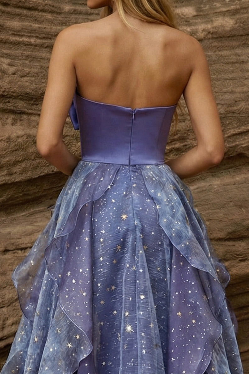 Load image into Gallery viewer, Sweetheart Dusty Blue Ruffled High Low Prom Dress with Bow
