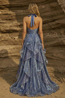 Load image into Gallery viewer, Ruffled Halter Dusty Blue Pleated A Line High Low Prom Dress with Bow
