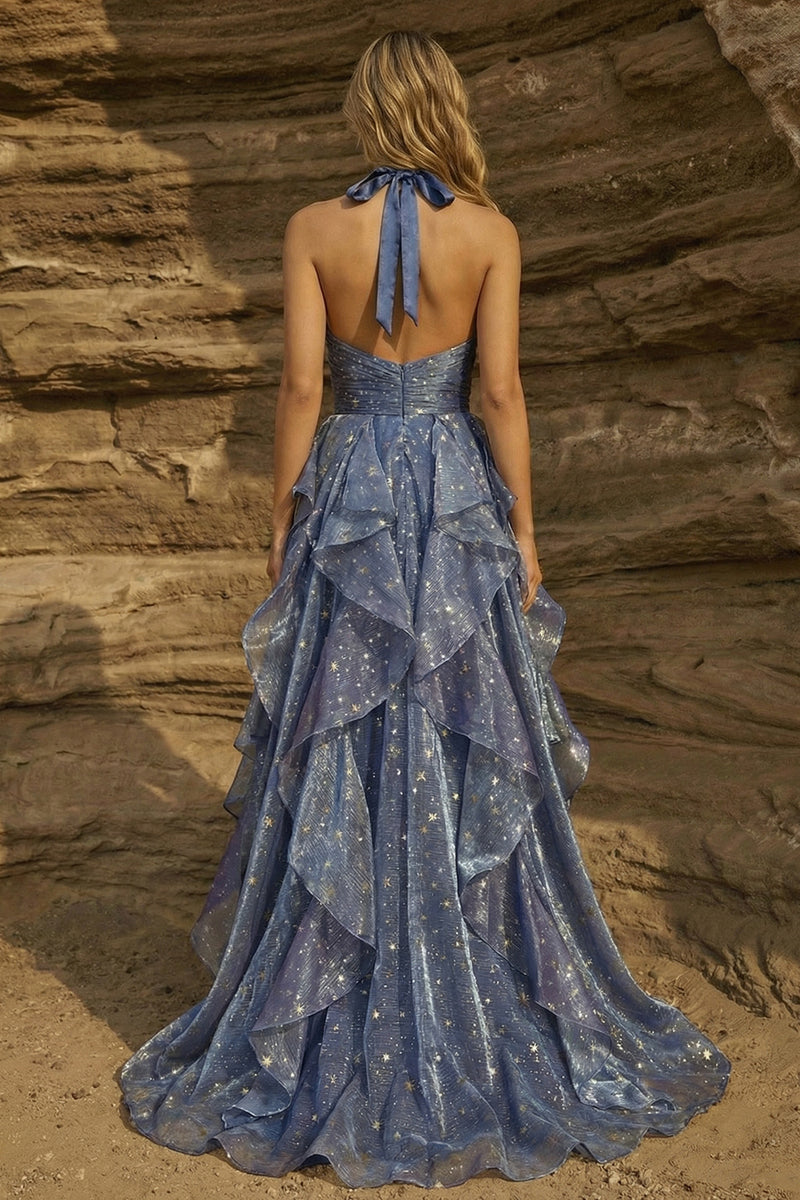 Load image into Gallery viewer, Ruffled Halter Dusty Blue Pleated A Line High Low Prom Dress with Bow
