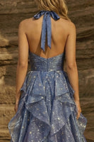 Load image into Gallery viewer, Ruffled Halter Dusty Blue Pleated A Line High Low Prom Dress with Bow