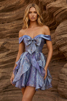 Load image into Gallery viewer, Off the Shoulder Dusty Blue Ruffled Pleated Short Prom Dress with Bow
