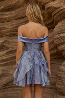 Load image into Gallery viewer, Off the Shoulder Dusty Blue Ruffled Pleated Short Prom Dress with Bow