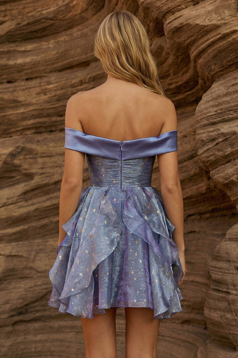Load image into Gallery viewer, Off the Shoulder Dusty Blue Ruffled Pleated Short Prom Dress with Bow