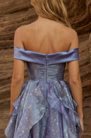 Load image into Gallery viewer, Off the Shoulder Dusty Blue Ruffled Pleated Short Prom Dress with Bow