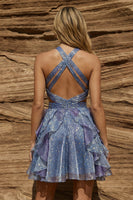 Load image into Gallery viewer, Dusty Blue A Line Halter Cut Out Short Prom Dress with Ruffles