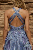 Load image into Gallery viewer, Dusty Blue A Line Halter Cut Out Short Prom Dress with Ruffles