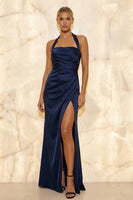 Load image into Gallery viewer, Navy Satin Halter Mermaid Ruched Long Formal Dress with Slit