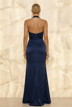 Navy Satin Halter Mermaid Ruched Long Formal Dress with Slit