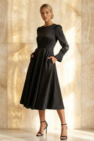 Load image into Gallery viewer, Modest Black Round Neck Satin A Line Midi Formal Dress with Sleeves