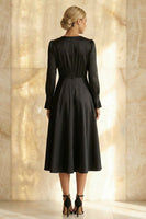 Load image into Gallery viewer, Modest Black Round Neck Satin A Line Midi Formal Dress with Sleeves