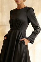 Load image into Gallery viewer, Modest Black Round Neck Satin A Line Midi Formal Dress with Sleeves